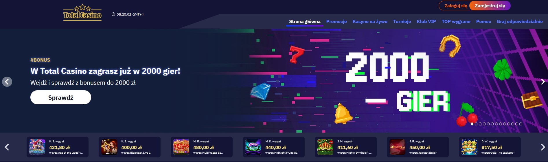 Interfejs Total Casino z grami i opcjami